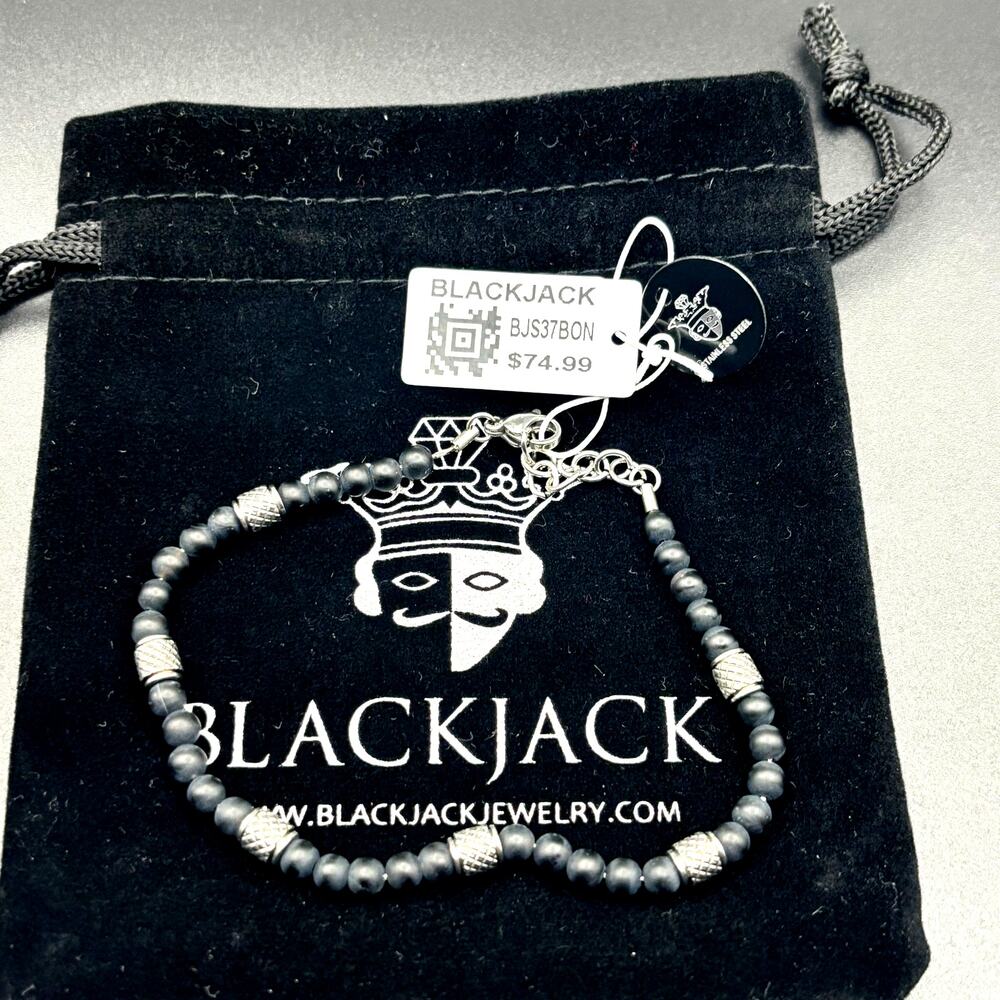 Blackjack BJS37BON Mens Genuine Onyx Stainless Steel Beaded Bracelet NIBWT - Picture 13 of 17